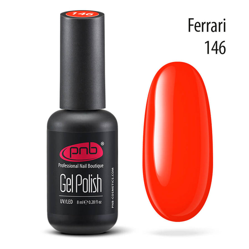 Gel polish swatch with bottle, Ferrari red, used to create stunning nail art