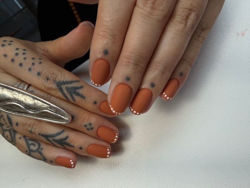 Orange white tips design russian manicure