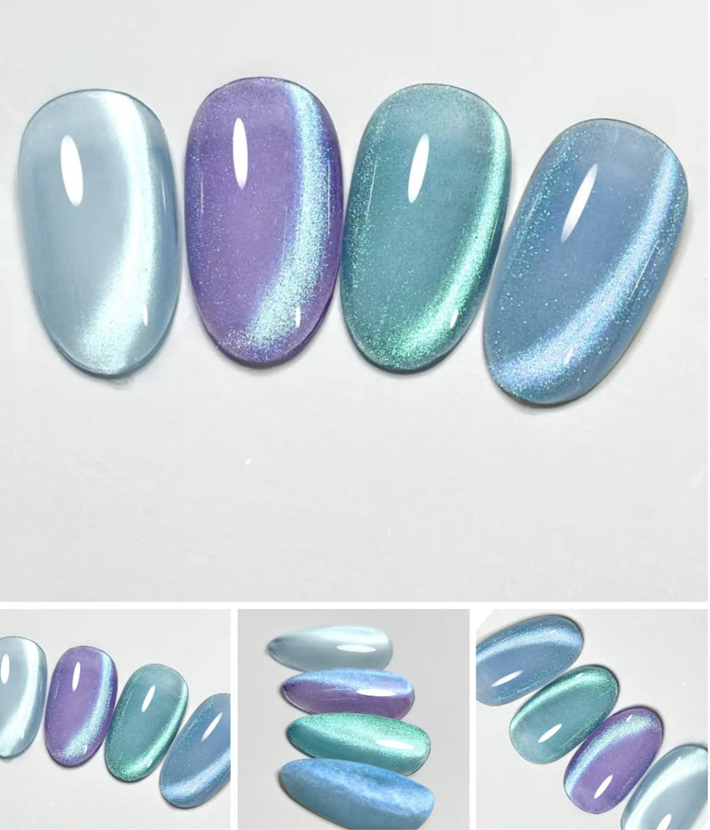 showing off a manicure with a cosmic blue, cat eye effect created using ICEGEL&