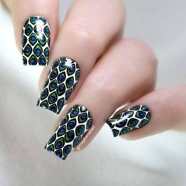 Example of maniology animal instinct nail stamping plate, peacock feather manicure, m089