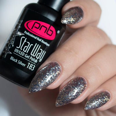 PNB Silver sparkle gel nail polish for a Russian manicure