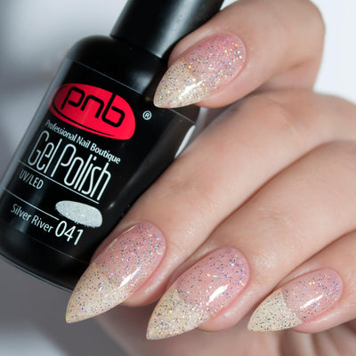 PNB Silver metallic gel nail polish for a Russian manicure