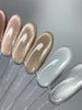 Glow Cat gel polish collection swatches showing shimmer and glitter finishes in champagne, gold, silver, and gray on oval-shaped nail samples
