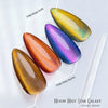 Icegel Made Moon Mist Star Galaxy gel polish collection - three almond shaped nail swatches in rose drift gold, mist auror blue-purple gradient, and holographic yellow-chrome finishes