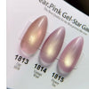 Russian-style almond gel nails in soft pink with gold foil and shimmer finish