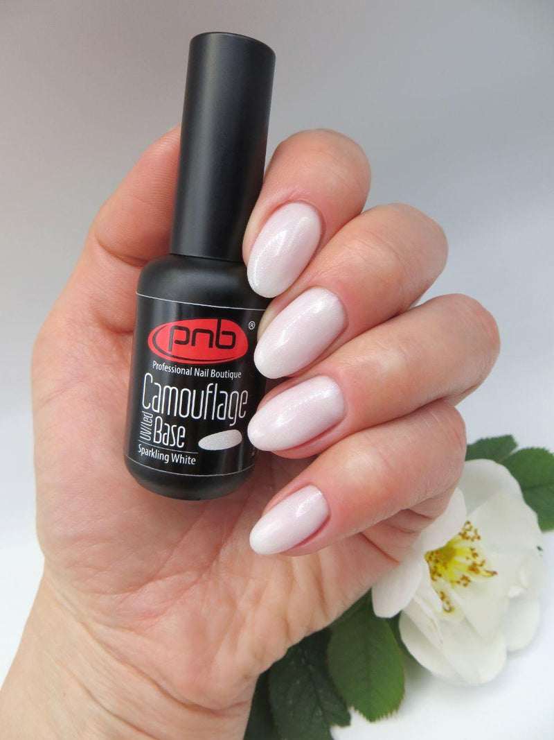 PNB sparkling white camouflage gel base coat for a Russian manicure