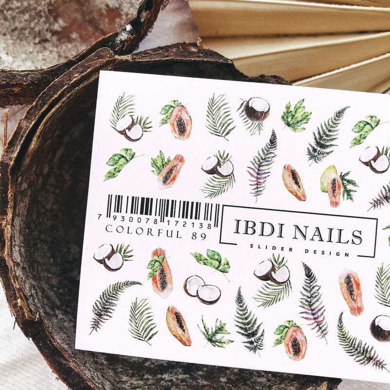 IBDI Summer nail decals for tropical nails performed with a Russian manicure and Russian pedicure
