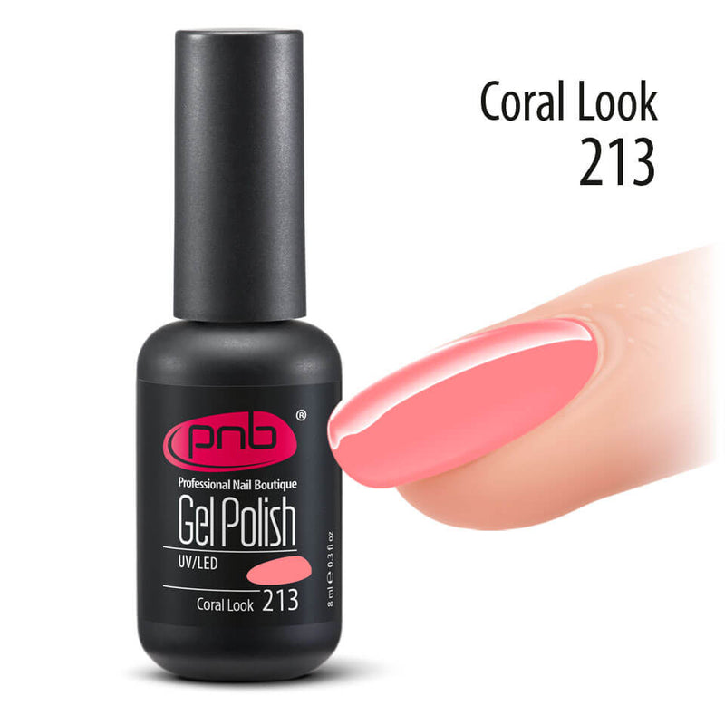 PNB gel nail polish for manicures and pedicures. close up on nail showing pink coral