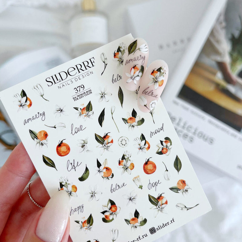 Slider.RF waterslide nail decals with oranges and blossoms