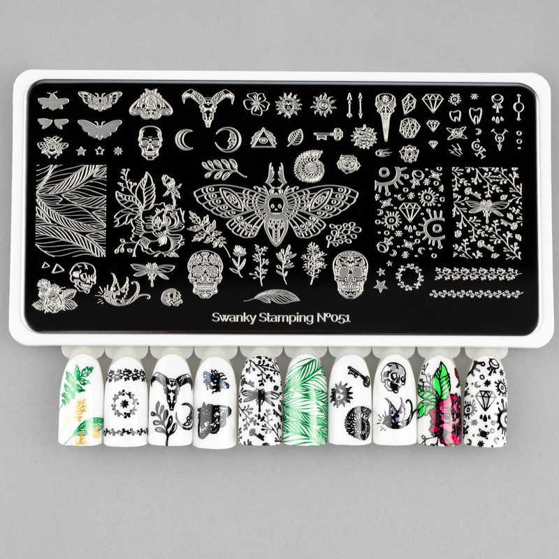Swanky Stamping Skulls and pattern plate 051 for manicures and pedicures