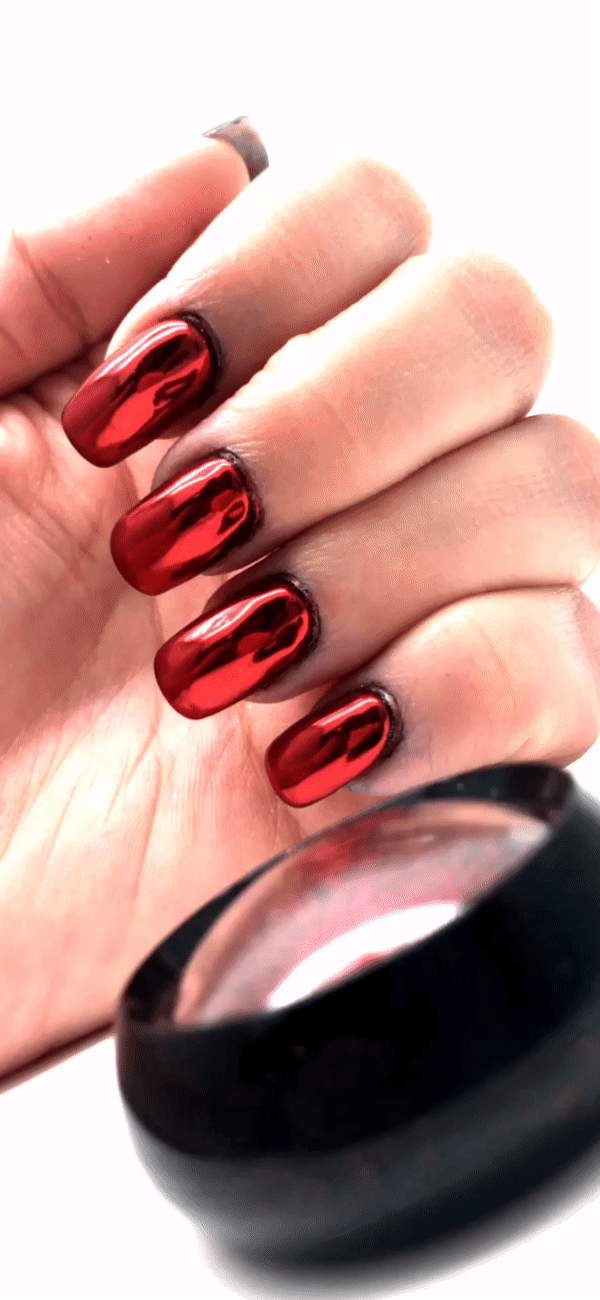 Red chrome nail powder example manicure 