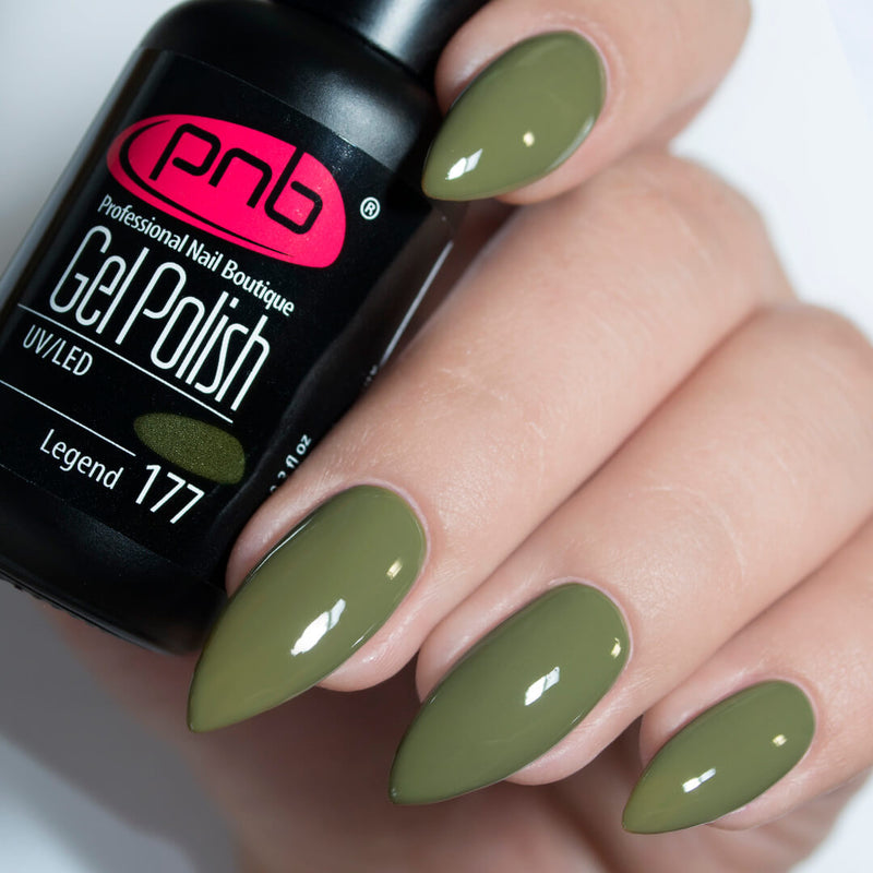 PNB olive green gel nail polish for Russian manicure or Russian pedicure. Great  for Autumn or Winter nail art.