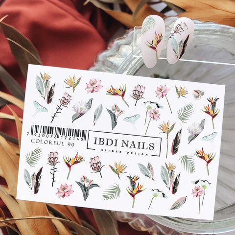 IBDI Flower, feather and palm waterslide decals for manicures and pedicures