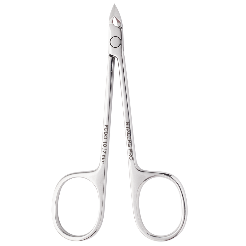 Front view of STALEKS PRIO  Russian pedicure nipper showing the scissor like handle with cuticle nipper blades. NP-10-7 Full jaw pedicure nipper